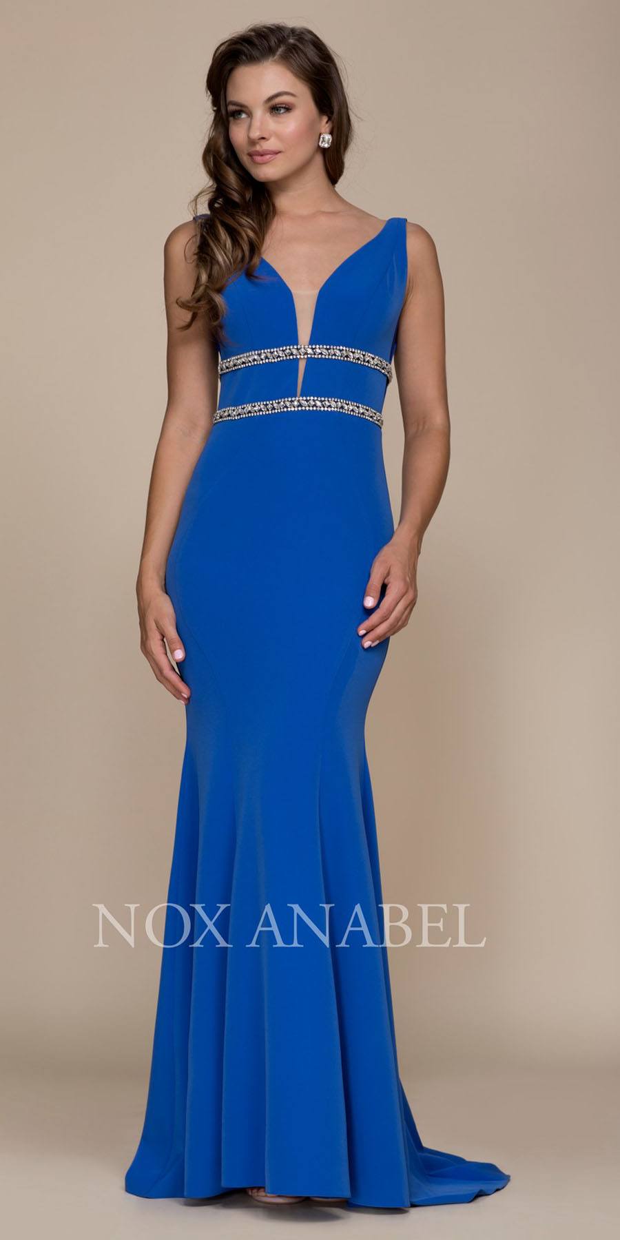 V-Neck Embellished Long Prom Dress Open Back Royal Blue