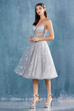 Illusion Bodice Short Prom Dress Silver with Corset Back