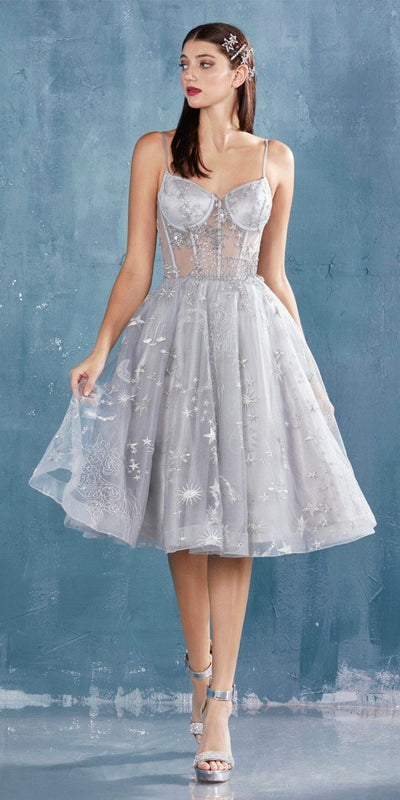 Illusion Bodice Short Prom Dress Silver with Corset Back