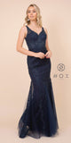 Embroidered Fit and Flare Long Prom Dress Navy Blue