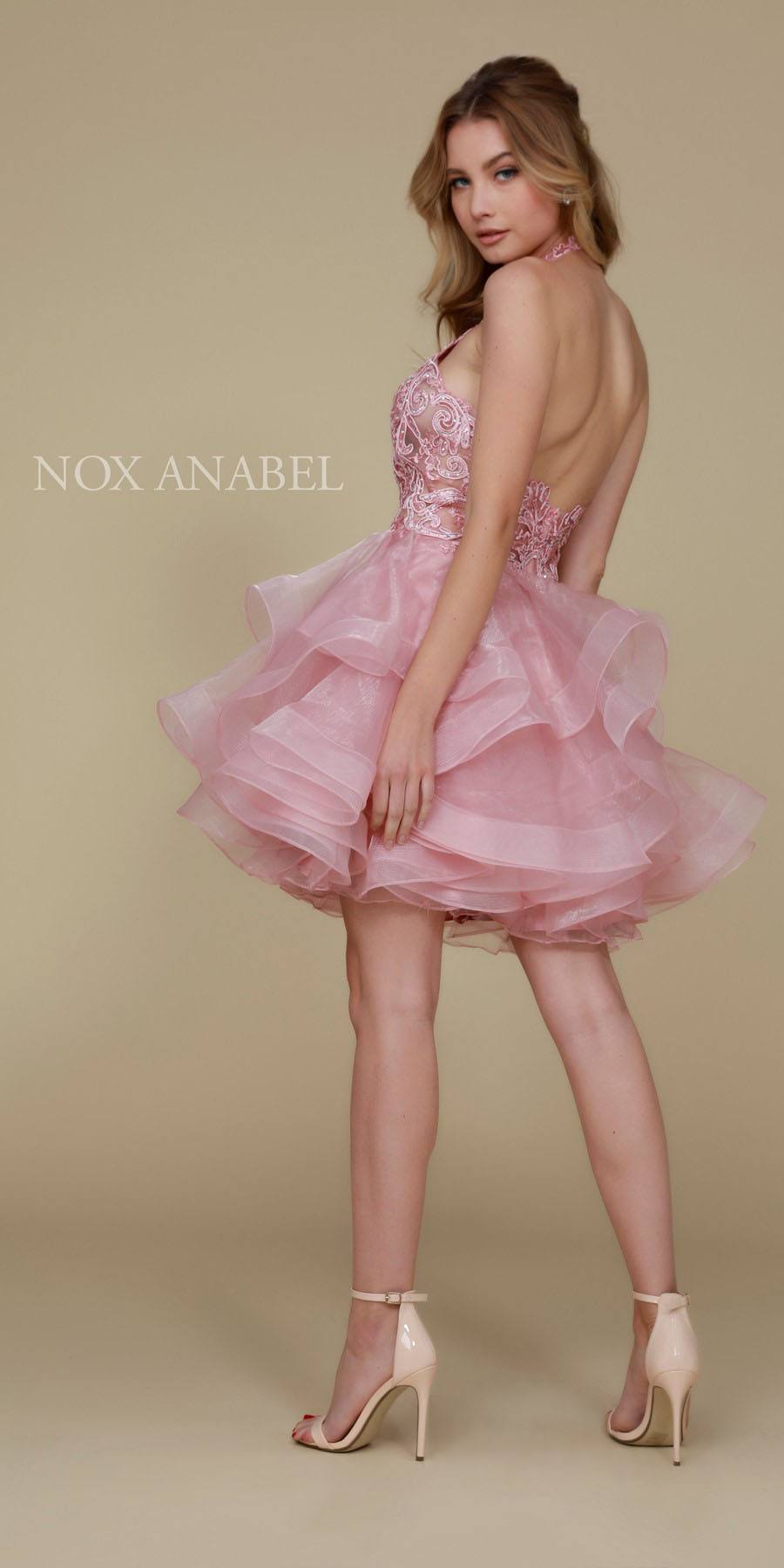 Nox A610 Short Rose Homecoming Dress Halter Neck Ruffled Skirt Back View