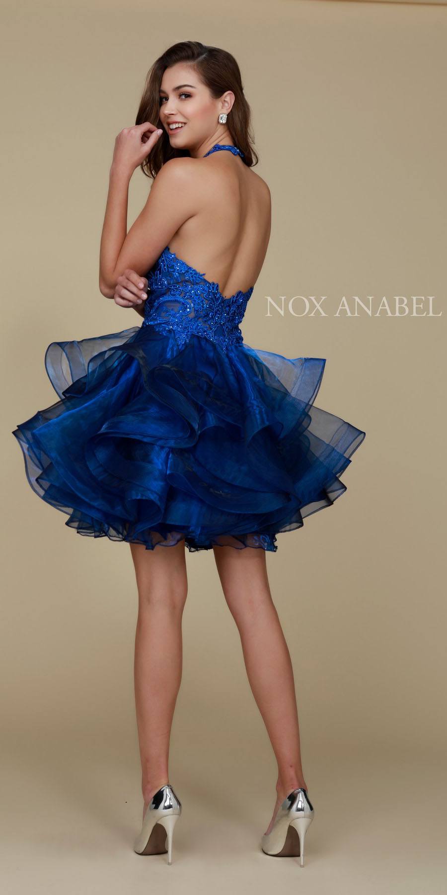Nox A610 Short Sapphire Homecoming Dress Halter Neck Ruffled Skirt Back View