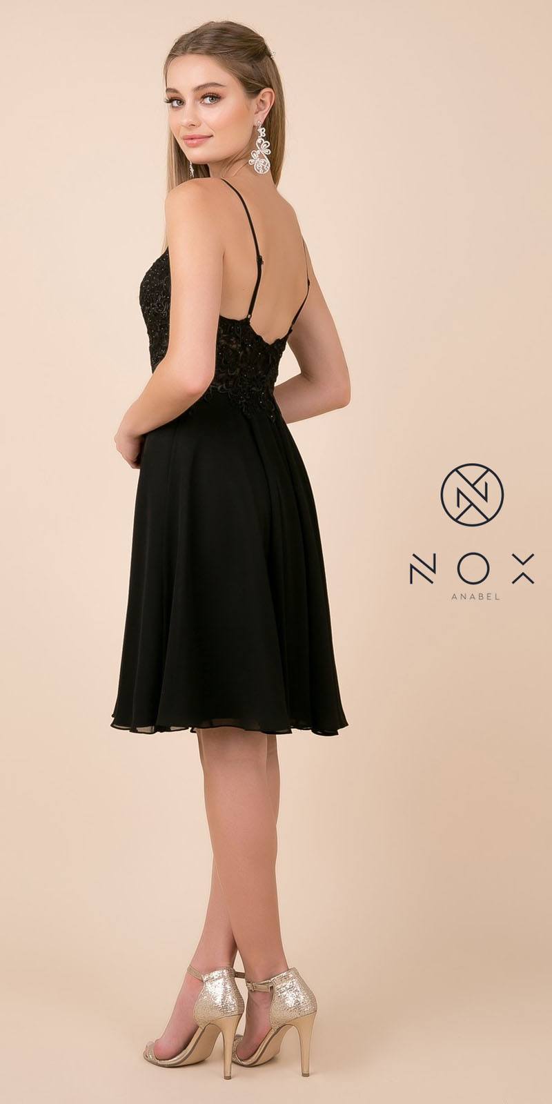 Nox Anabel A660 Knee Length Black Homecoming Dress Flowy Chiffon