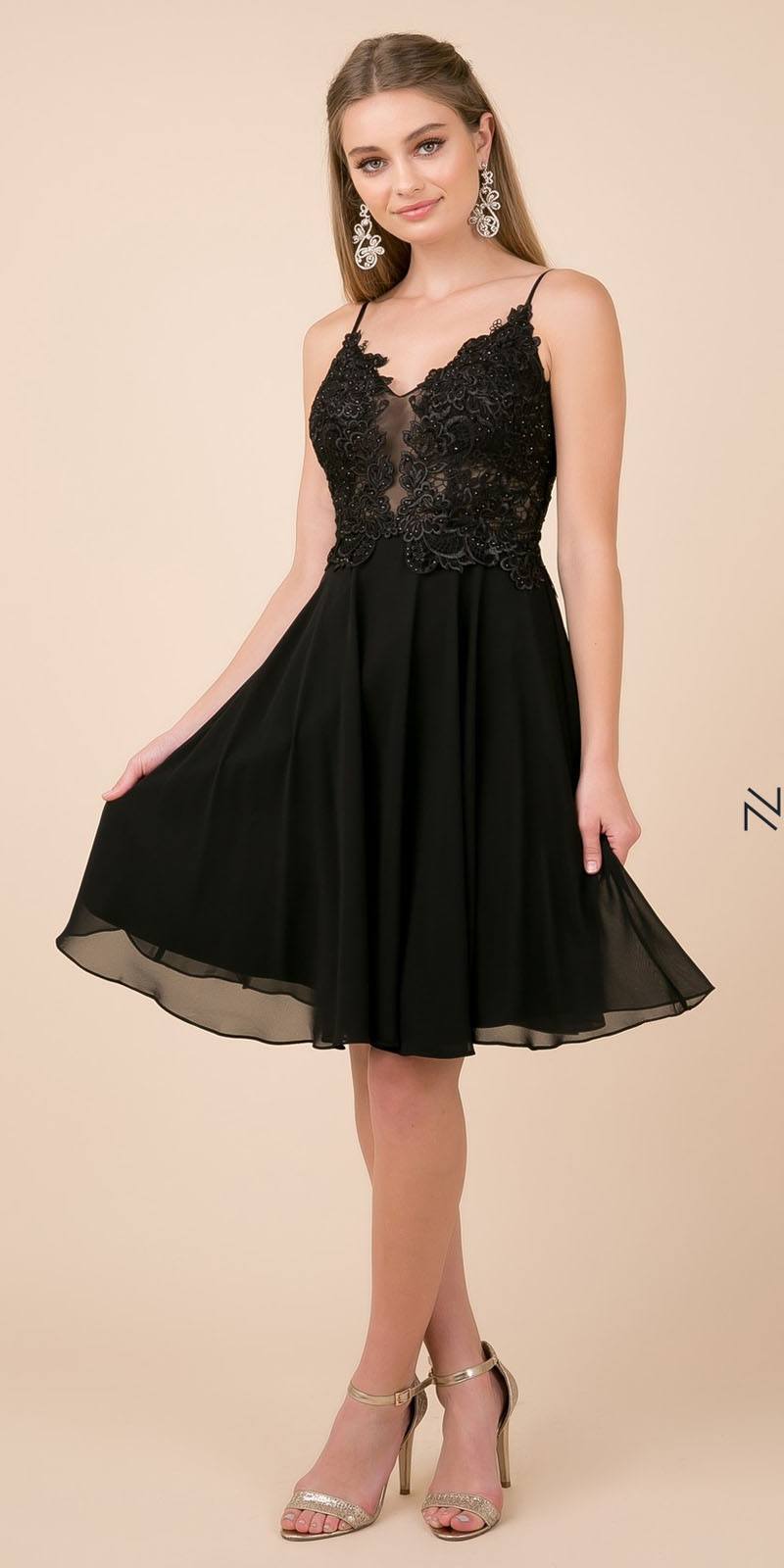 Nox Anabel A660 Knee Length Black Homecoming Dress Flowy Chiffon