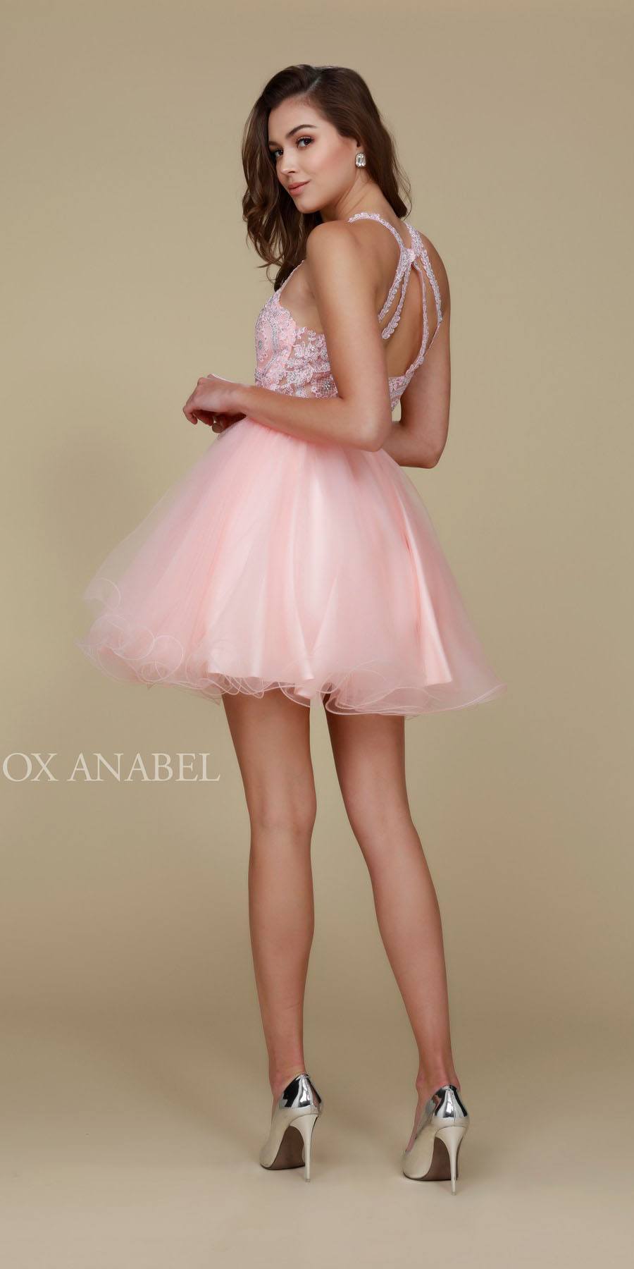 Short Blush Homecoming Dress Poofy A Line Tulle Skirt Halter Neck Back View