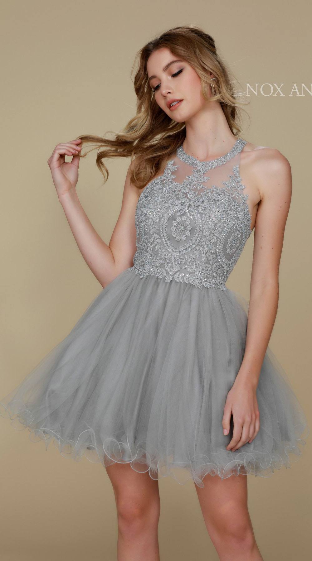 Short Silver Homecoming Dress Poofy A Line Tulle Skirt Halter Neck