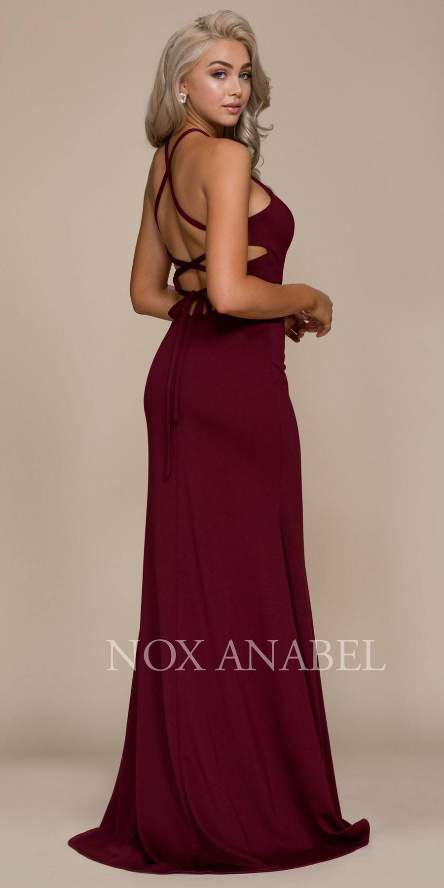 Burgundy Halter Cut Out Long Prom Dress Strappy Back with Slit