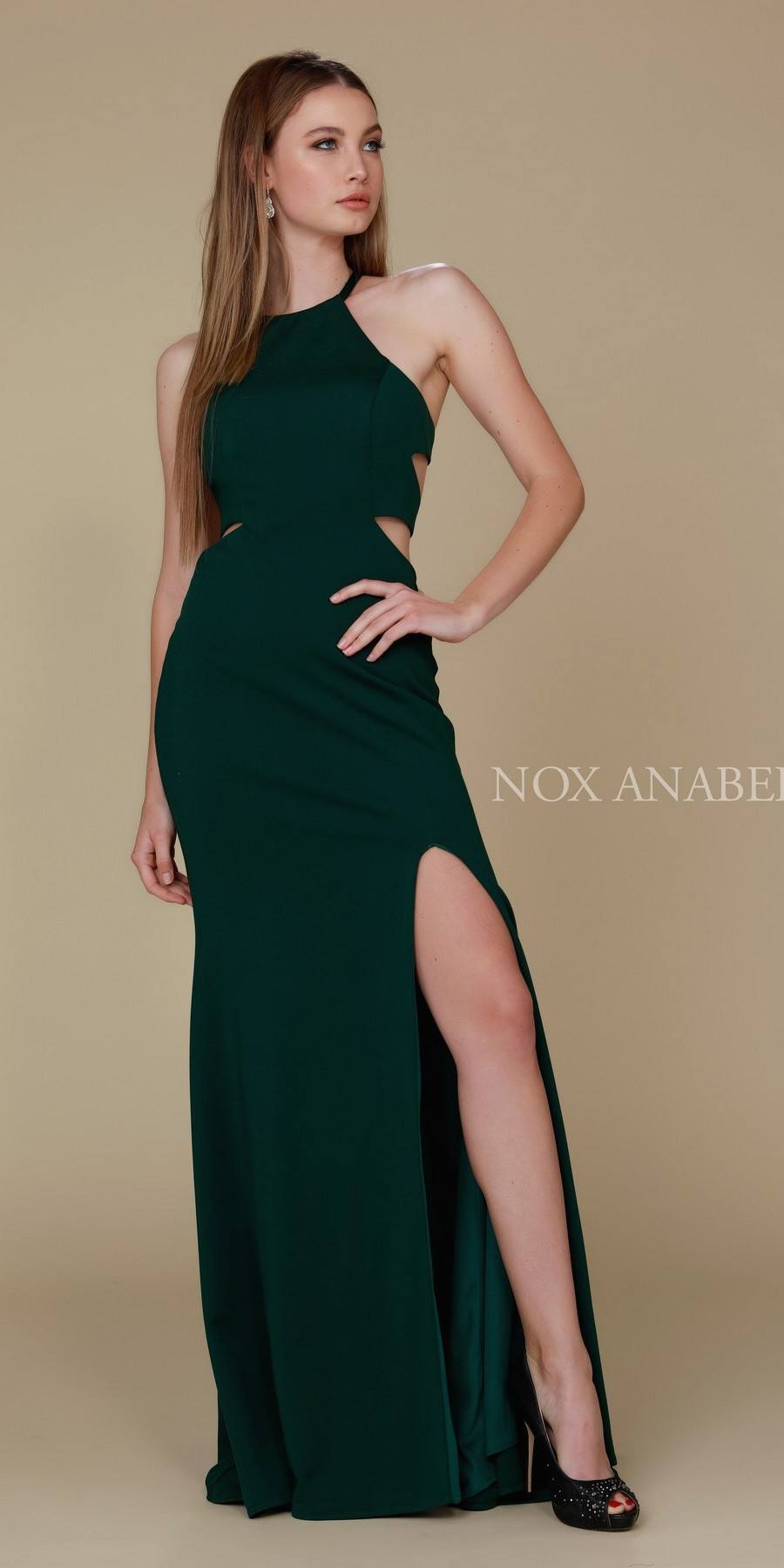 Hunter Green Halter Cut Out Long Prom Dress Strappy Back with Slit