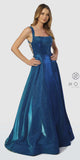 Metallic Prom Ball Gown with Embellished Open-Back Royal Blue