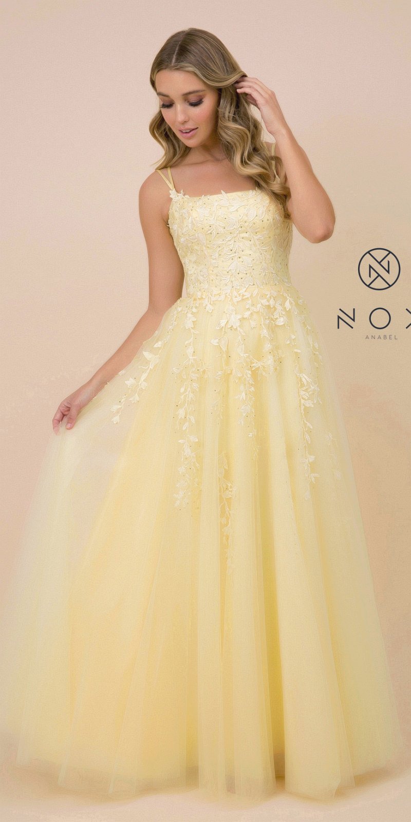 Lace-Up Back Appliqued Long Prom Dress Lemon