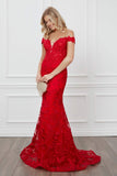 Nox Anabel C439 Off The Shoulder Boho Inspired Red Lace Mermaid Gown