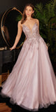 Ladivine CB117 Floor Length A-Line Lace Tulle Gown Plunging Neck