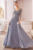 Cinderella Divine CD0171 Flowy Chiffon A-Line Smokey Blue Gown 3/4 Length Sleeves