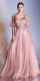 Cinderella Divine CD0175 Floor Length Layered Tulle A-Line Rose Gold Gown Butterfly Sleeve