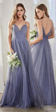 Cinderella Divine CD184 Long A-Line Tulle Dress Smokey Blue Gathered Sweetheart Neckline Pleated Finish