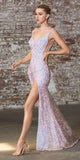 Cinderella Divine CD187 Fitted 3D Iridescent Sequin Gown Opal Lilac Illusion Cut Outs Open Back