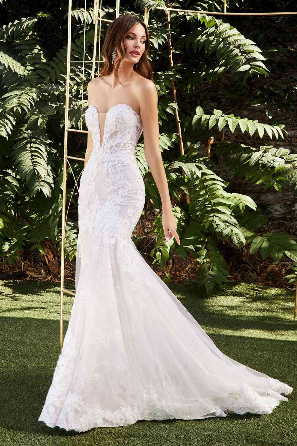 Cinderella Divine CD928 Strapless Mermaid Bridal Gown Layered Lace Scalloped Eyelash Lace Train
