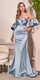 Cinderella Divine CD983 Long Fitted Satin Gown with Puff Sleeve