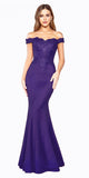Cinderella Divine CF158 Dark Purple Off Shoulder Floor Length Evening Gown Applique Bodice