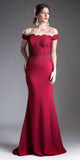 Cinderella Divine CF158 Burgundy Off Shoulder Floor Length Evening Gown Applique Bodice