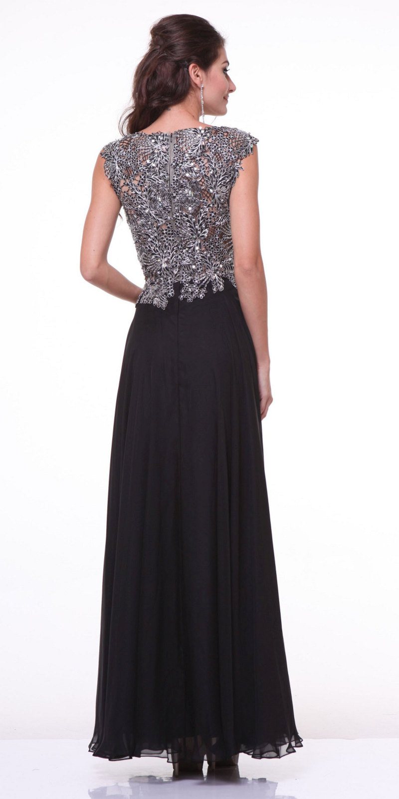 Cinderella Divine CJ1022 Illusion Sleeveless Evening Dress Black Lace Appliques