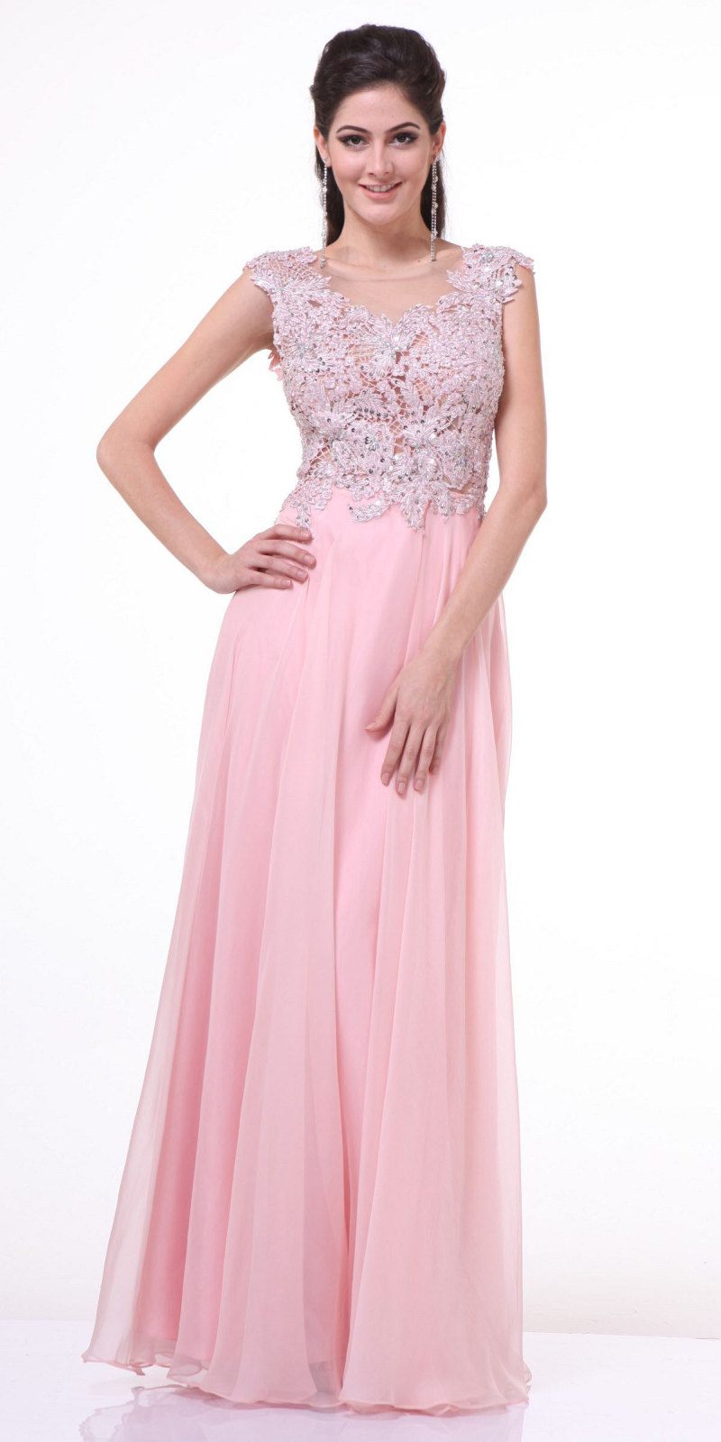 Cinderella Divine CJ1022 Illusion Sleeveless Evening Dress Blush Lace Appliques