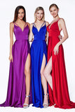 Cinderella Divine CS034 A-Line Trio V-Neckline Long Gown With Slit And Double Strap