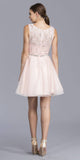 Blush Short Homecoming Dress Lace Bodice Embellished Waist
