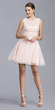 Blush Short Homecoming Dress Lace Bodice Embellished Waist