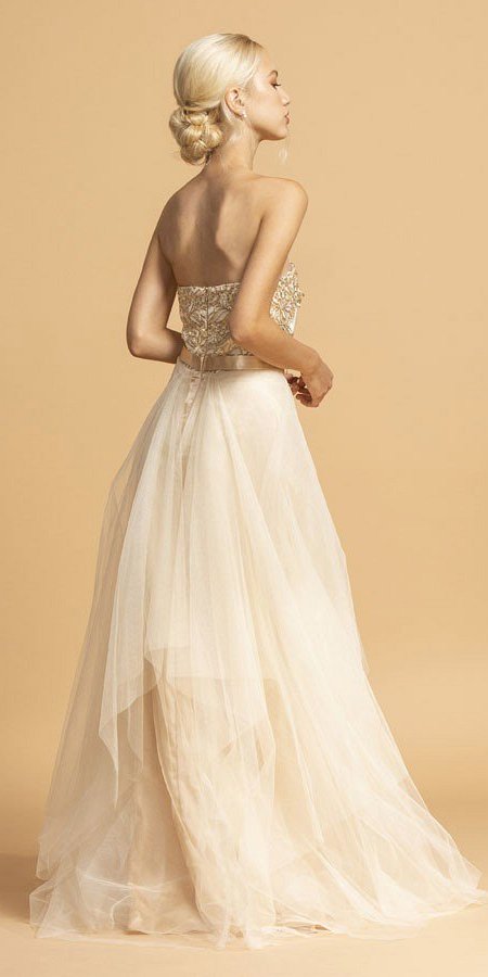 Gold Strapless Long Prom Dress Appliqued Bodice