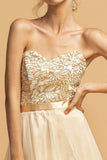 Gold Strapless Long Prom Dress Appliqued Bodice
