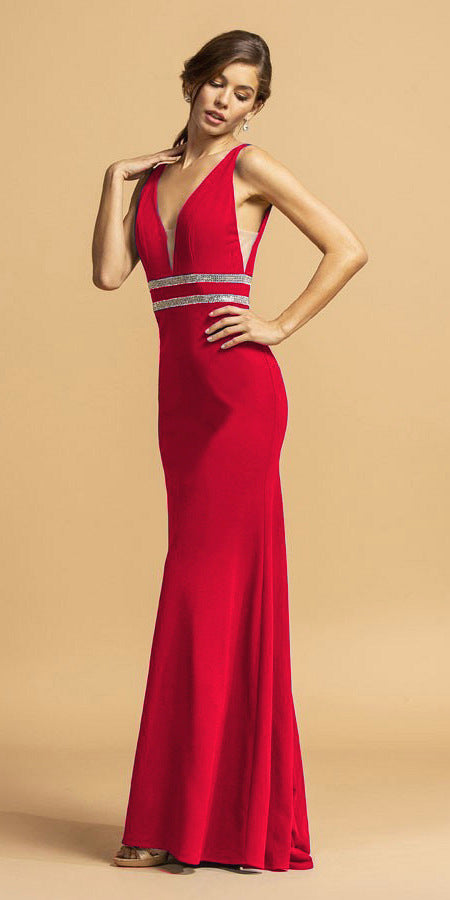 Red V-Neck Embellished Long Prom Dress 