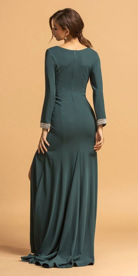Hunter Green V-Neck Long Formal Dress with Slit