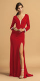 Red V-Neck Long Formal Dress with Slit