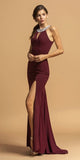 Embellished Neckline Long Prom Dress with Slit Burgundy