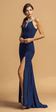Embellished Neckline Long Prom Dress with Slit Navy Blue