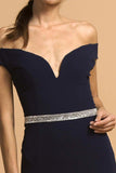 Deep Neckline Navy Blue Off-Shoulder Long Prom Dress