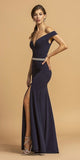 Deep Neckline Navy Blue Off-Shoulder Long Prom Dress