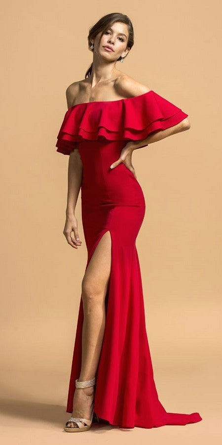Red Ruffled Off-Shoulder Long Prom Dress with Slit