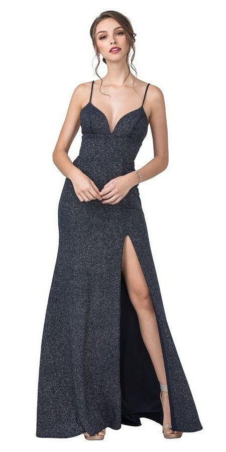 Navy Blue Long Prom Dress with Lace-Up Back and Slit