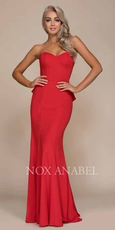 Strapless Long Prom Dress Cut Out Back with Ruffled Bustle Red