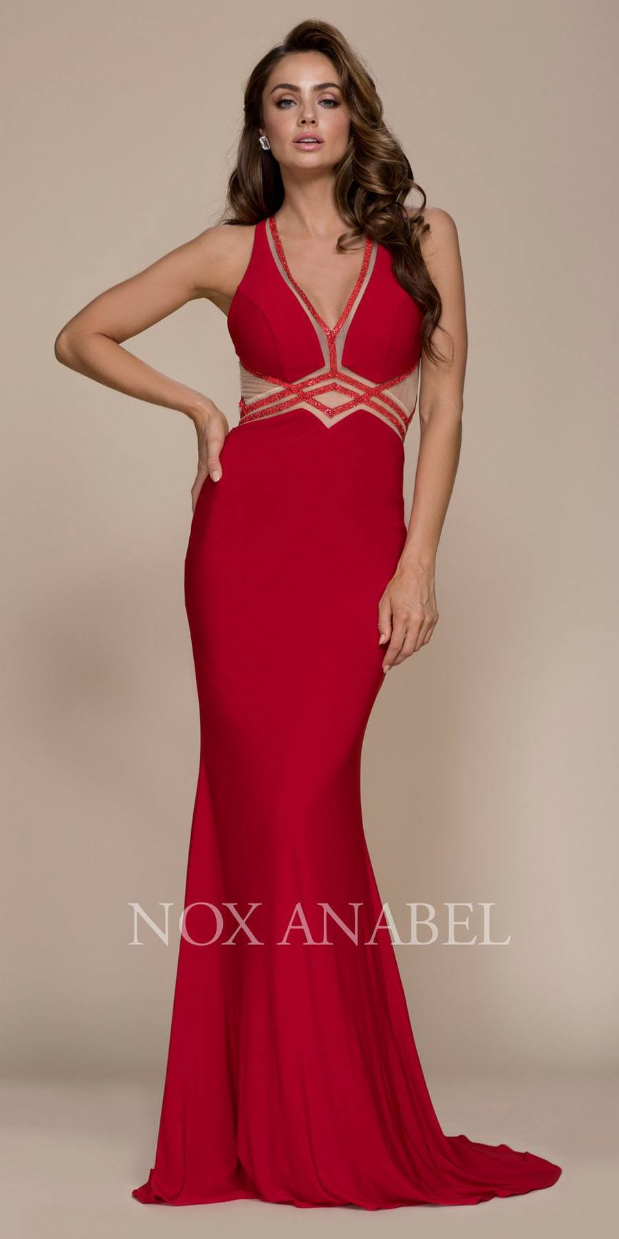 Red V-Neck Floor LengthProm Dress with Sheer Cut Outs