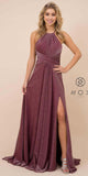 Nox Anabel E184 Long Burgundy Metallic Formal Dress Halter With Slit