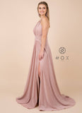 Nox Anabel E184 Rose Gold Metallic Halter Long Prom Dress with Slit