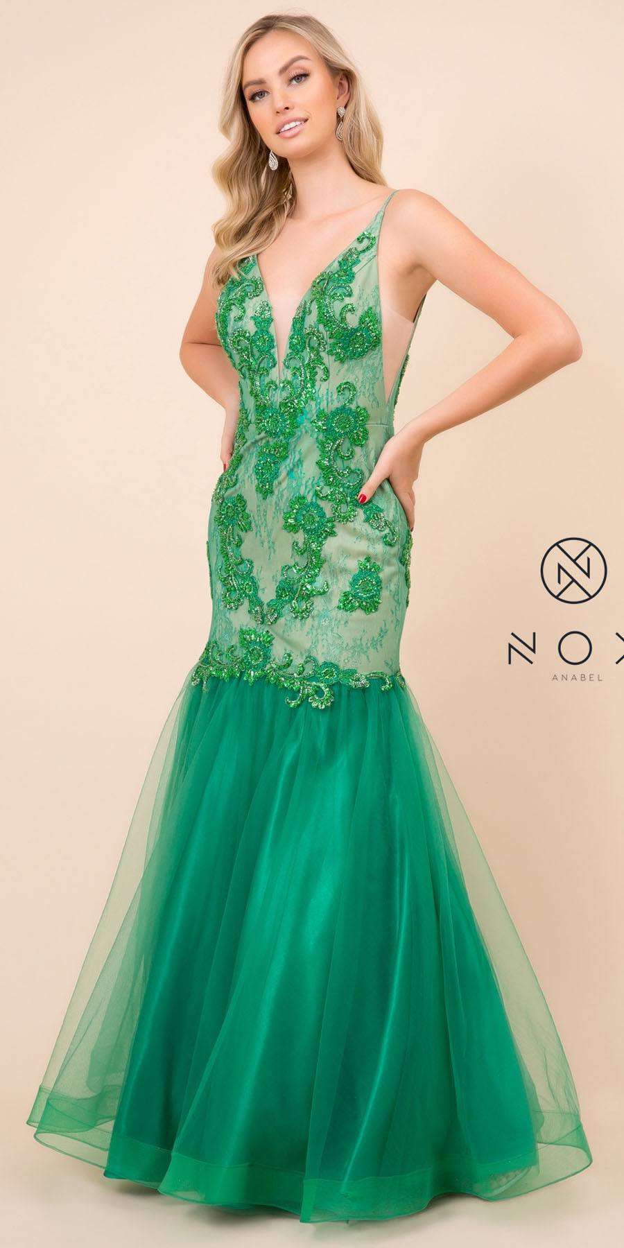 Nox Anabel E185 Green Mermaid Style Embellished Bodice Long Prom Dress 
