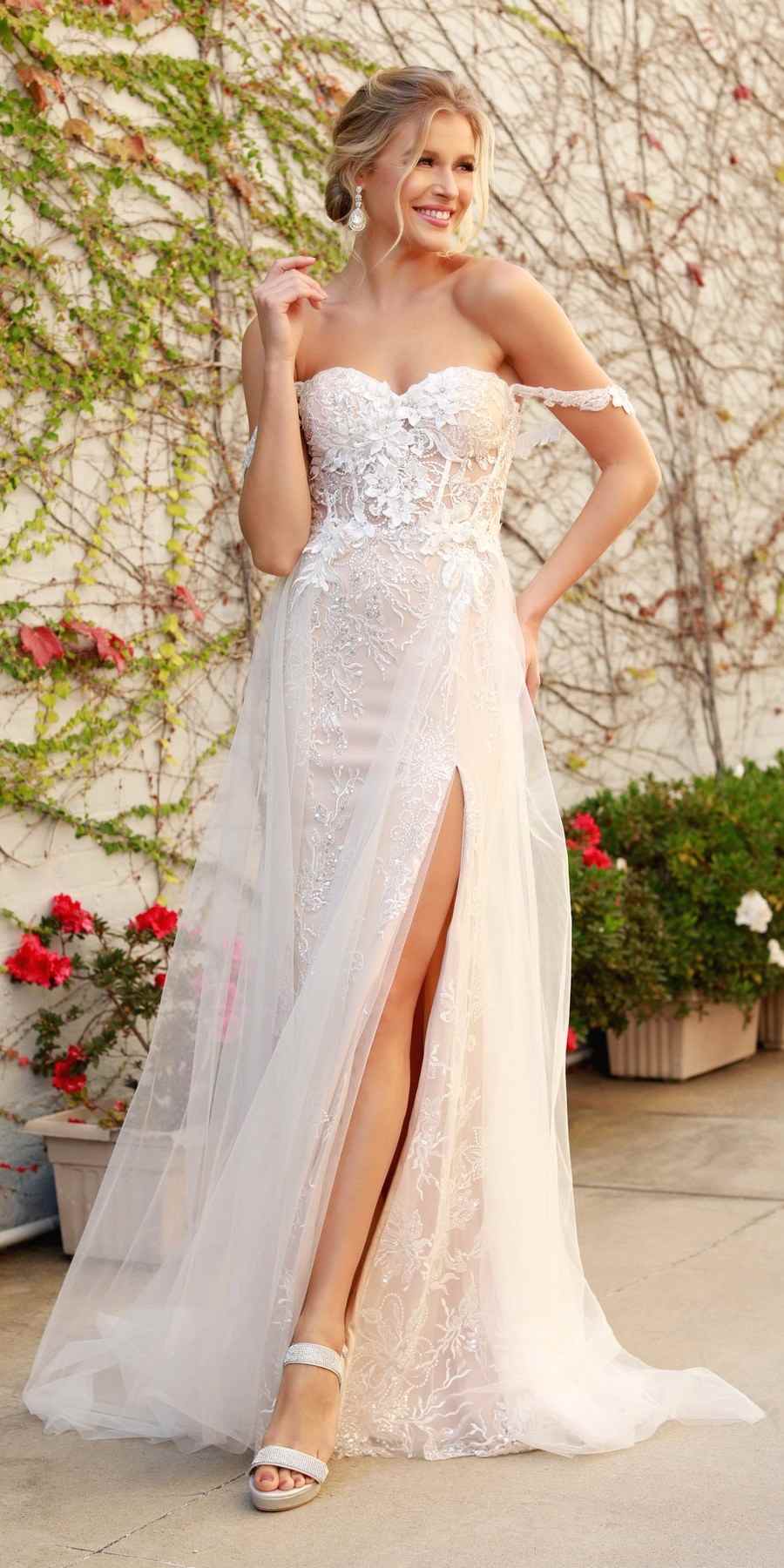 Nox Anabel E441 Off The Shoulder Boho Tulle Layered A-Line Wedding Gown
