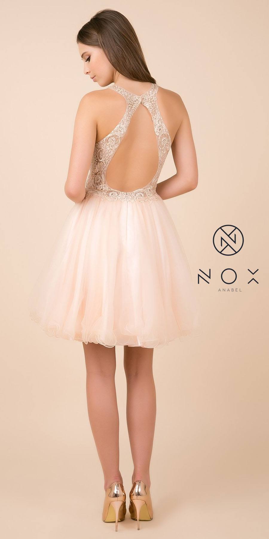 Champagne Cut-Out Back Homecoming Short Dress