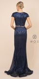 Sequins Navy Blue Long Prom Dress with Short Sleeves