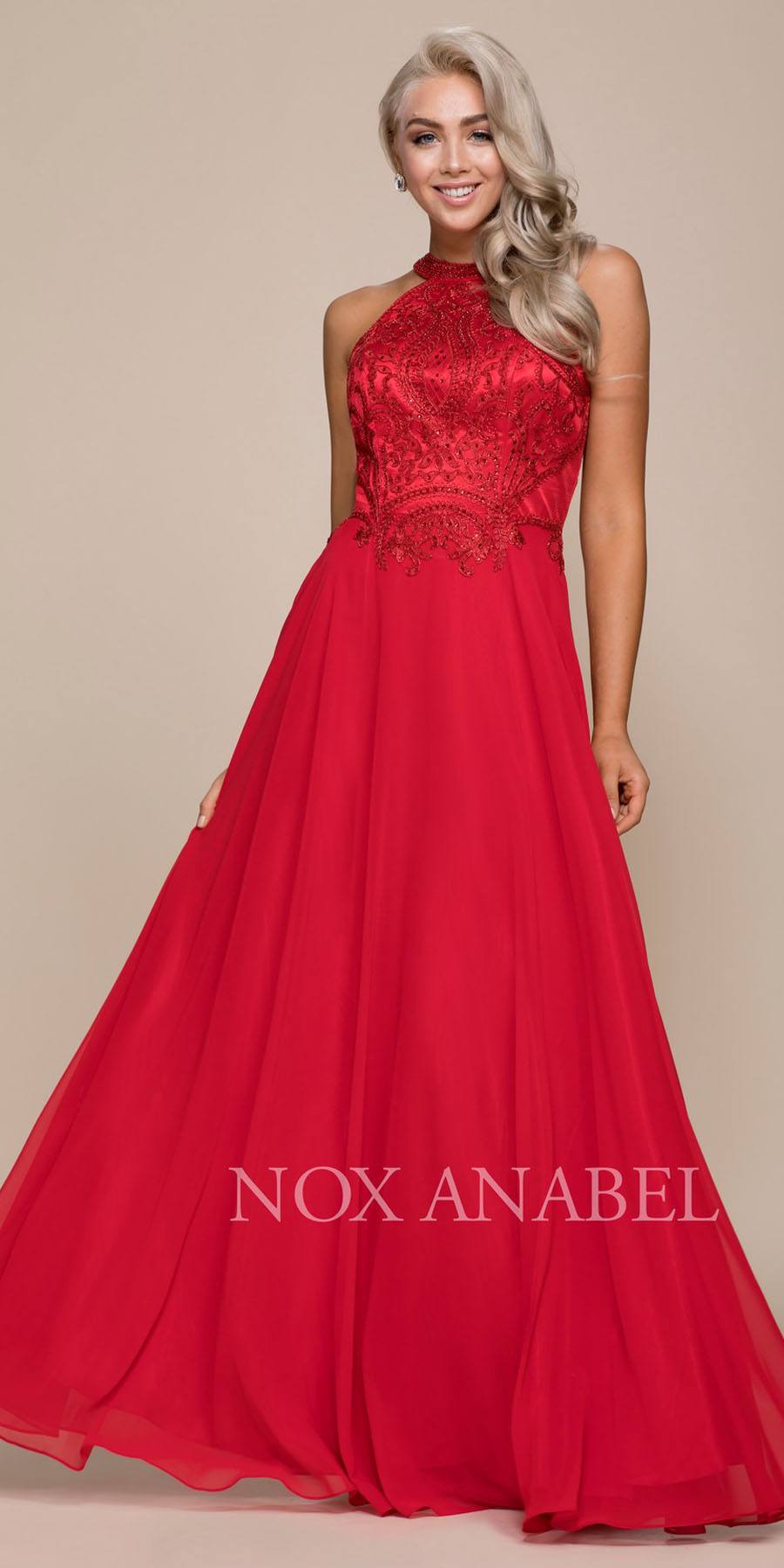 Red High Neck Embroidered Long Prom Dress Cut Out Back 
