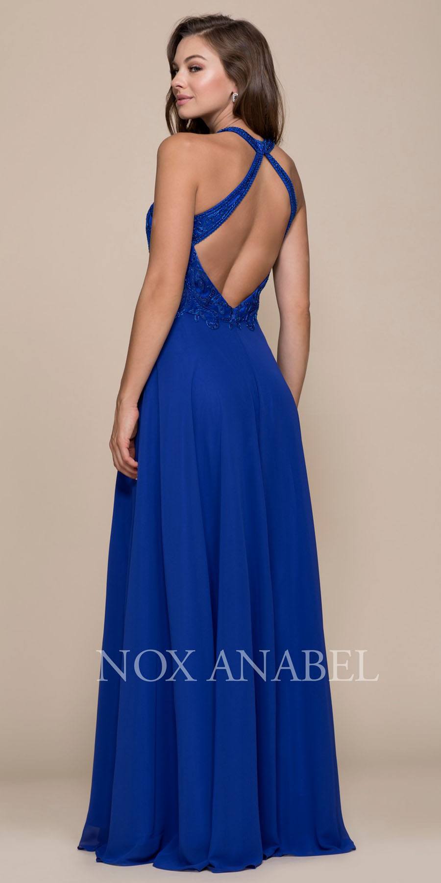 Royal Blue High Neck Embroidered Long Prom Dress Cut Out Back 